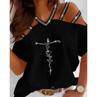 Rhinestone Faith Cold Shoulder Top - black