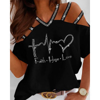 Rhinestone Faith Hope Love Heart Pattern Cold Shoulder T-shirt - black