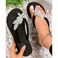 Rhinestone Floral Pattern Beach Wedge Flip Flops - silver