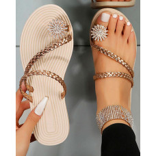 Rhinestone Floral Pattern Braided Strap Flip Flops - gold