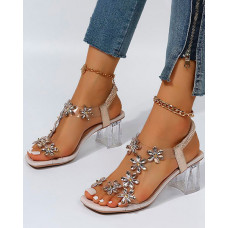 Rhinestone Floral Pattern Chunky Heels - gold