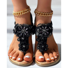 Rhinestone Floral Pattern Slingback Summer Beach Sandals - black