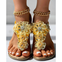 Rhinestone Floral Pattern Slingback Summer Beach Sandals - yellow