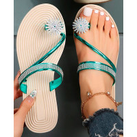 Rhinestone Floral Pattern Toe Ring Beach Flip Flops - green