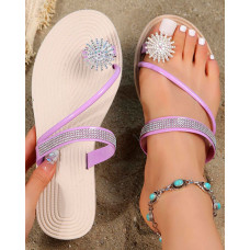 Rhinestone Floral Pattern Toe Ring Beach Flip Flops - purple