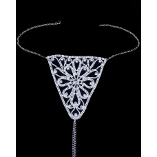 Rhinestone Floral Pattern Underwear Thong Panty Body Chain Jewelry - silver