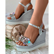 Rhinestone Floral Pattern Wedding Guest Sandals - silver