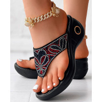 Rhinestone Floral Pattern Wedge Flip Flops Summer Sandals - black