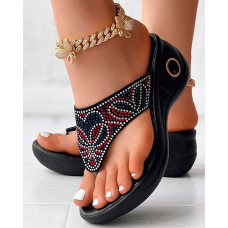 Rhinestone Floral Pattern Wedge Flip Flops Summer Sandals - black