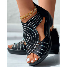 Rhinestone Geometric Pattern Peep Toe Wedge Heels - black