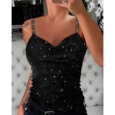 Rhinestone Glitter Cowl Neck Cami Top - black