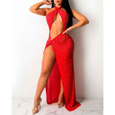 Rhinestone Halter Ruched Cutout Slit Maxi Dress - red