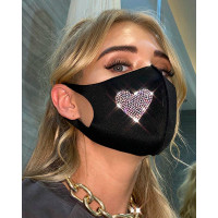 Rhinestone Heart Shaped Washable Reusable Breathable Face Mask - black