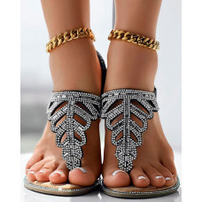 Rhinestone Hollow Leaf Pattern Toe Post Sandals - black