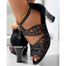 Rhinestone Hollow Out Leaf Pattern Heeled Sandals - black