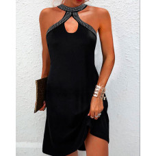 Rhinestone Keyhole Neck Sleeveless Casual Dress - black