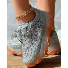 Rhinestone Lace Patch Contrast Sequin Sneakers - orange