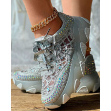 Rhinestone Lace Patch Contrast Sequin Sneakers - silver