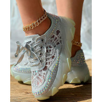 Rhinestone Lace Patch Contrast Sequin Sneakers - silver&green