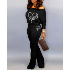 Rhinestone Letter Heart Pattern Off Shoulder Jumpsuit - black