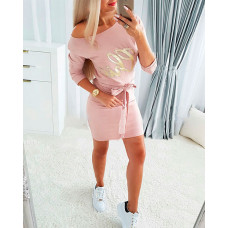 Rhinestone Letter Pattern Belted Bodycon Dress - pink