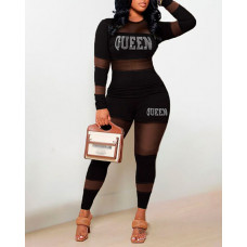 Rhinestone Letter Pattern Contrast Mesh Top & Pants Set - black