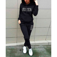 Rhinestone Letter Pattern Hoodie & Sweatpants Set - black