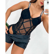 Rhinestone Letter Pattern Lace Patch Sheer Mesh Bodysuit - black