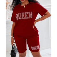 Rhinestone Letter Pattern Short Sleeve Top & Shorts Set - Wine red