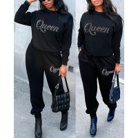 Rhinestone Letter Pattern Sweatshirt & Pocket Design Pants Set - black