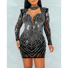 Rhinestone Long Sleeve Ruched Party Dress - black