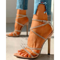 Rhinestone Multi Strap Lace-Up Thin Heeled Sandals - Apricot