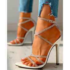 Rhinestone Multi Strap Lace-Up Thin Heeled Sandals - white