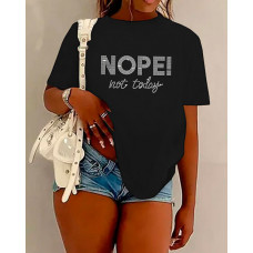 Rhinestone Nope Not Today Pattern Crew Neck Top - black