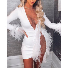 Rhinestone Patch Sheer Mesh Feather Trim Party Dress - white