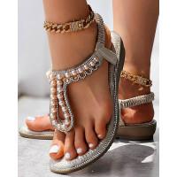 Rhinestone Pearls Beaded Toe Post Summer Wedge Sandals - gold