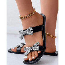 Rhinestone Pearls Decor Bowknot Design Slippers Summer Sandals - black