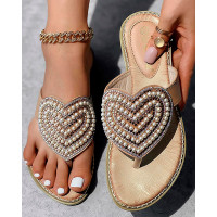 Rhinestone Pearls Heart Pattern Beach Flip Flops - Apricot