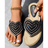 Rhinestone Pearls Heart Pattern Beach Flip Flops - black