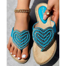 Rhinestone Pearls Heart Pattern Beach Flip Flops - blue