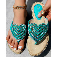 Rhinestone Pearls Heart Pattern Beach Flip Flops - green