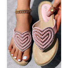 Rhinestone Pearls Heart Pattern Beach Flip Flops - pink