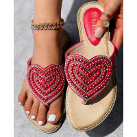 Rhinestone Pearls Heart Pattern Beach Flip Flops - red