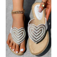 Rhinestone Pearls Heart Pattern Beach Flip Flops - white