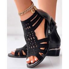 Rhinestone Peep Toe Hollow Out Sandals - black