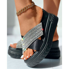 Rhinestone Peep Toe Platform Wedge Slippers - black