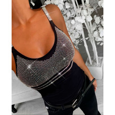 Rhinestone Scoop Neck Crop Cami Top - black