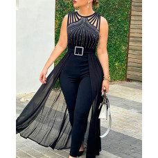 Rhinestone Sheer Mesh Sleeveless Jumpsuit - black