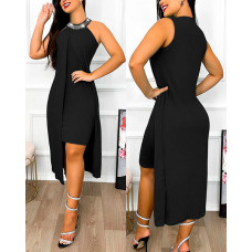 Rhinestone Sleeveless Ruched Asymmetrical Casual Dress - black