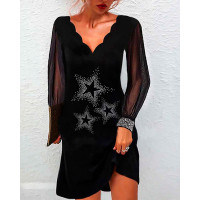 Rhinestone Star Pattern Contrast Mesh Casual Dress - black